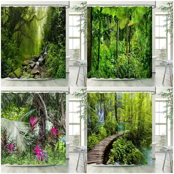 Пейзаж тропического леса Занавески для душа Пальмовые листья, деревья, водопад, лесные пейзажи, Декор занавески для ванной с крючками