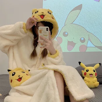 Пижамный халат Pokemon Pikachu Kawaii Anime Cartoon Girl Осень Зима Коралловый флис, сохраняющий тепло, Длинная Пижама для отдыха с капюшоном, Новинка