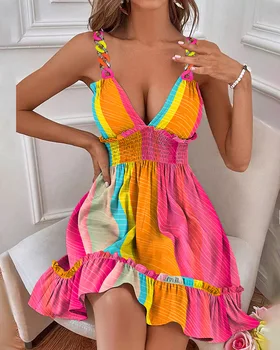 Повседневное платье с гофрированным ремешком-цепочкой с принтом в радужную полоску, женское сексуальное летнее мини-платье без рукавов с V-образным вырезом и высокой талией