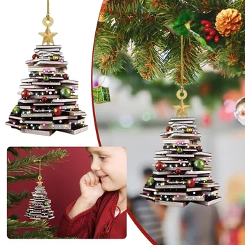 Подвесной орнамент в форме рождественской елки с рисунком книжного домика, креативный акриловый кулон с двусторонним принтом, Рождественское подвесное украшение 2D