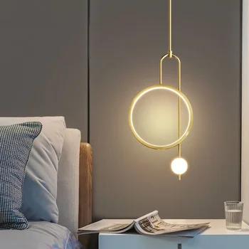 Подвесной светильник с золотым кольцом, современный светодиодный подвесной светильник с шариками, прикроватная тумбочка для спальни, минималистичное фоновое освещение гостиной в скандинавском стиле
