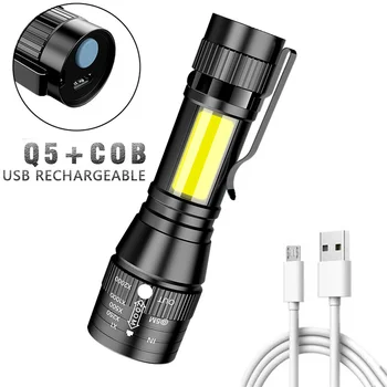 Портативный фонарик с USB-перезаряжаемым зумом, ручной тактический мини-фонарик, встроенный аккумулятор, водонепроницаемый фонарик для экстренных случаев