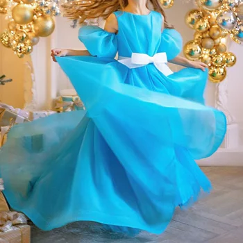 Простое синее пышное платье с цветочным узором для девочек, детское праздничное платье на День рождения, длина до пола, Белый бант, бальные платья принцессы с рукавами-фонариками, праздничная одежда