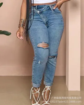 Рваные джинсы с вырезом и высокой талией, женские обтягивающие джинсы длиной до щиколоток, джинсовые брюки-карандаш, летние сексуальные брюки