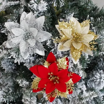 Рождественские Блестящие Искусственные Цветы Цветочный Шелк Поддельный Цветок с Зажимами для Рождественской Елки Подвесные Украшения Новогодний Подарок Домашний Декор