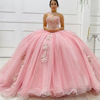 Розовое Пышное платье Бальное платье без бретелек С цветами, аппликацией в виде бабочек, украшенное бисером Корсетное представление Sweet 15 Party