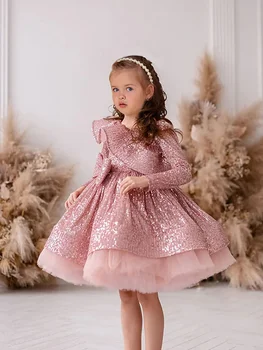 Розовое блестящее свадебное платье с цветочным узором из тюля с длинным рукавом и пышными блестками, праздничное платье для Дня рождения, бальные платья для Первого причастия