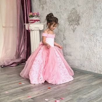 Розовое платье для девочек в цветочек, пышное платье из розового тюля с хвостом и бантом, топ-труба для свадьбы, Дня рождения, банкета, платья принцессы