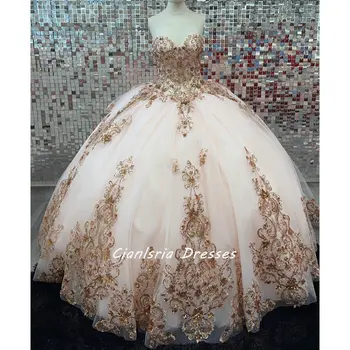 Розовые многоуровневые пышные платья со съемным рукавом, бальное платье с аппликацией из золотых блесток, кружевной корсет Sweet 15 Vestidos De Quinceanera