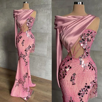 Розовые платья для выпускного вечера с блестками, сшитые на заказ на одно плечо Длиной до пола, Сексуальное вечернее платье из атласа Русалки