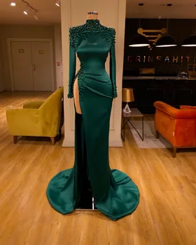 Роскошное Зеленое платье для выпускного вечера с блестками, расшитое бисером, Водолазка с длинным рукавом, плиссированное вечернее платье с высоким разрезом, вечернее платье Vestido De Ga