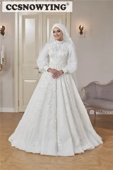 Роскошные мусульманские свадебные платья с длинным рукавом для невесты, Хиджаб с высоким воротом, исламское свадебное платье, расшитое бисером, Арабское Дубайское свадебное платье