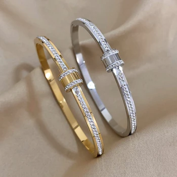 Роскошный браслет из нержавеющей стали с кристаллами, Браслет Для женщин, Позолоченные браслеты-манжеты, Брендовый Дизайнерский браслет, Водонепроницаемые ювелирные изделия