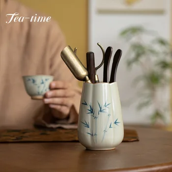 Ручная роспись, зеленый бамбук, керамика, Чайная церемония пяти джентльменов, Набор инструментов для приготовления синего и белого чая ручной работы, Бытовой чайный сервиз Кунг-фу