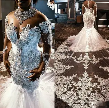 Свадебные платья Африканской русалки, расшитые бисером, с иллюзией прозрачного платья с длинным рукавом и высоким вырезом, свадебное платье принцессы со шлейфом в стиле собора