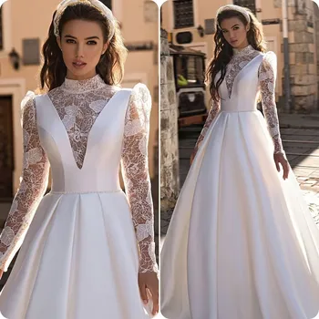 Свадебные платья Трапециевидной формы с длинными рукавами, Арабское Свадебное платье с аппликацией на шнурке и высоким шлейфом, роскошное платье vestido de