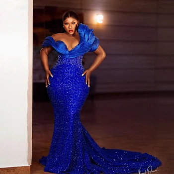 Сверкающие Королевские Синие Платья Для Выпускного вечера В стиле Aso Ebi 2024 Плюс Размер Плиссированное 3D Платье С Открытыми Плечами В Африканском Стиле Для Торжественных Случаев, Вечернее Платье