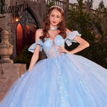 Светло-Небесно-Голубое Пышное Платье Принцессы 2021 С Открытыми Плечами, Аппликации, Блестки, Цветы, Милое Вечернее Платье 16 Vestidos De 15 Años