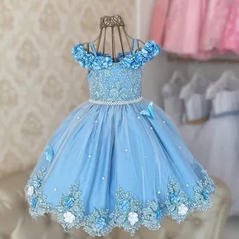 Светло-голубое/розовое свадебное платье с цветочным узором для девочки без рукавов, Атласная аппликация с жемчугом, бант, Тюлевое праздничное платье для детского дня рождения