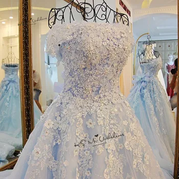 Светло-голубые Роскошные свадебные платья Robe de mariage с открытыми плечами, кружевные Свадебные платья, бусы, цветы, бант, Летнее платье невесты в богемном стиле