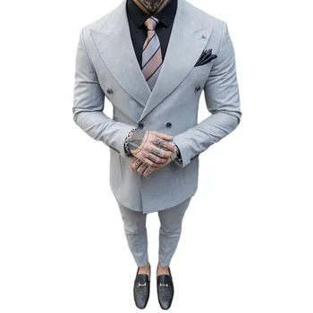 Светло-серый двубортный мужской костюм с козырьком и лацканами, приталенный блейзер из 2 предметов со штанами / Мужская модная классическая куртка для свадебного наряда