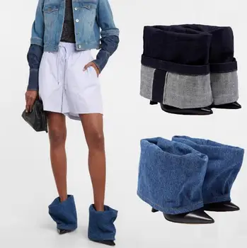 Свободные Темно-светло-синие джинсы из денима с острым носком в стиле пэчворк, ботильоны без застежки на высоком каблуке, женские короткие ботильоны в уличном стиле, обувь