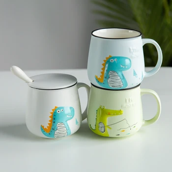 Симпатичный мультфильм Мистер Динозавр Крокодил Керамическая Кофейная кружка с ложкой и крышкой, Фарфоровая чашка для сока, Чашка для чая с молоком, Кружка