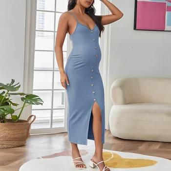 Синее женское платье для беременных, повседневное платье на бретельках с V-образным вырезом, без рукавов, раздельное платье для фотосессии одежды для беременных