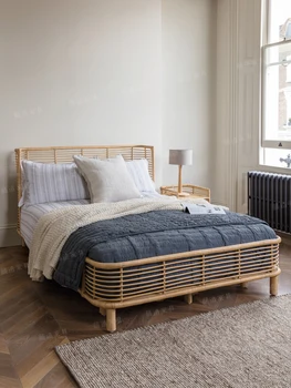Синтоистская 1,5-метровая двуспальная кровать Nordic ручной работы из ротанга, плетение арт-мебели для проживания в семье, креативная простота