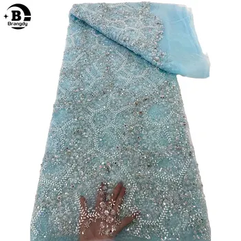 Синяя Кружевная Ткань 2024, Высококачественная Роскошная Африканская Вышивка Жениха Бисером, Нигерийская Французская Кружевная Ткань Для Платьев W80028