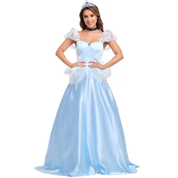 Сказочная принцесса, светло-голубое платье для взрослых женщин, косплей на Хэллоуин, сексуальное длинное платье с головным убором и шейным убором, праздничный костюм