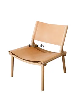 Скандинавский современный легкий роскошный одноместный стул для отдыха из массива дерева, кожаное седло, жесткий кожаный стул для конференций