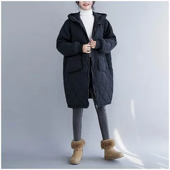 Стеганые Пальто для Женщин, Однотонные Куртки С Капюшоном Из Легкого Хлопка В Корейском Стиле, Свободная Повседневная Зимняя Одежда Средней длины, Женская