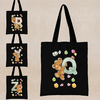 Сумка для покупок с буквенным принтом Медведя, сумка-тоут Y2k, многоразовая сумка для покупок, женская холщовая сумка через плечо, эко-сумка, мультяшная сумка для покупок