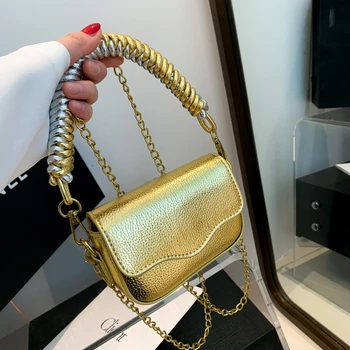 Супер мини-сумка через плечо для женщин, золотая, серебряная квадратная сумка, дизайнерский клатч с ткаными ручками, женская кожаная сумка-мессенджер с клапаном
