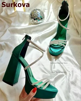 Суркова Серебряные босоножки на платформе с ремешками и кристаллами, атлас цвета шампанского, свадебные туфли на массивном каблуке, блестящие туфли-лодочки со стразами