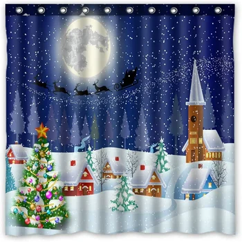 Счастливого Рождества Занавеска Для Душа Зимний Снежный Пейзаж Рождественская Елка Луна Сани Санта Клауса Ванная Комната Водонепроницаемый Экран С Крючком