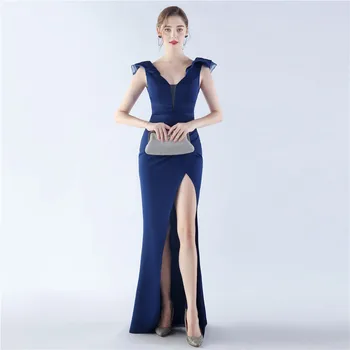 Темно-синее длинное элегантное вечернее платье 