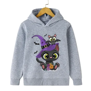 Толстовка с капюшоном Halloween Cats, детская уличная одежда, пуловер с изображением летучей мыши, мультяшные толстовки с длинными рукавами, модная одежда для мальчиков на Хэллоуин