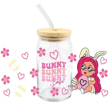 УФ-наклейка DTF Bunny Baby Transfer для чашек объемом 16 унций, водонепроницаемые обертывания, модные розовые наклейки на заказ, Высокая термостойкость