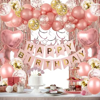 Украшения для празднования Дня рождения из розового золота, баннер с Днем рождения, занавеска с бахромой из розового золота, воздушные шары конфетти из фольги в виде сердечек и звездочек