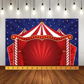 Фон циркового шатра, Палатка в красно-белую полоску, Синий фон, Сверкающий луч света, Цирковое магическое шоу, фотография для вечеринки по случаю дня рождения