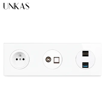 Французская Настенная Розетка UNKAS + Разъем для Подключения Телевизора CAT5E RJ45 к Интернет-компьютеру + HDMI-Совместимый Порт 2.0 USB 3.0 Розетка на Стеклянной Панели