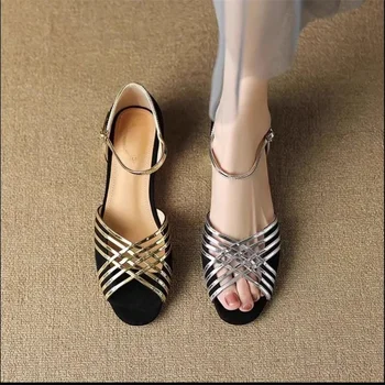 Французские вязаные сандалии Женские ретро туфли на толстом каблуке с рыбьим ртом, сумка на заднем каблуке, золотые модные римские туфли