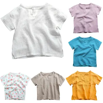Футболка для девочек и мальчиков для малышей, Летние детские хлопчатобумажные льняные топы, футболка для маленьких девочек, рубашка с коротким рукавом для детей, топы, тройники