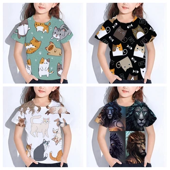 Футболка с принтом Кавайных Львов и кошек, Топы для мальчиков и девочек, Детская футболка Aestivo-осенняя модная футболка, Повседневная детская одежда Y2k Sudaderas