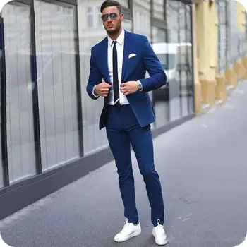 Элегантные повседневные синие мужские деловые костюмы Slim Fit, мужской блейзер на двух пуговицах, мужской официальный комплект из 2 предметов, мужской