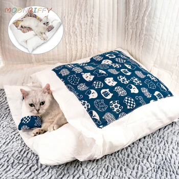 Японская кошачья кровать, кошачий спальный мешок, теплая пещера глубокого сна, зимняя съемная кровать для домашних животных, подушка-гнездо для собак с подушкой