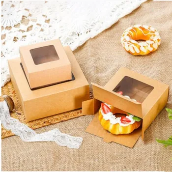 коробка для торта из коричневой крафт-бумаги 10шт с прозрачным окошком, коробка для упаковки печенья, Десерт 