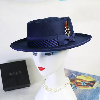 королевская синяя мужская фетровая шляпа, шерстяные шляпы, женская шляпа, фетровая церковная шляпа, унисекс, джазовая шляпа с бантом для мужчин и женщин, оптовая цена, ковбойская шляпа
